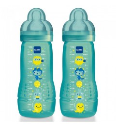 MAM Biberon 2ème Age Bleu Tétine Débit X Lot de 2x330 Ml