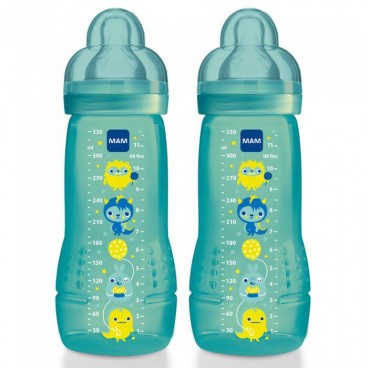 MAM Biberon 2ème Age Bleu Tétine Débit X Lot de 2x330 Ml