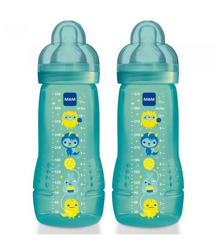 Mam Biberon 2eme Age Bleu Tetine Debit X Lot De 2x330 Ml Monclubbeaute